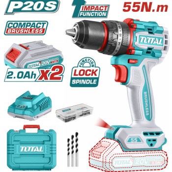 TOTAL ΕΠΑΓΓ. ΔΡΑΠ/ΒΙΔΟ ΚΡΟΥΣΤΙΚΟ ΜΠΑΤ. Li-ion 20V / 2Ah / 55Nm / 2 ΜΠΑΤ BL Motor (TIDLI20558E)