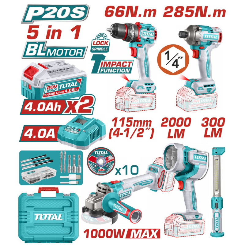 TOTAL ΕΠΑΓΓ. ΣΕΤ 5τεμ ΕΡΓΑΛΕΙΩΝ ΜΠΑΤ. Li-ion 20V / 4Ah / 2 ΜΠΑΤΑΡΙΕΣ (TOSLI250692E)