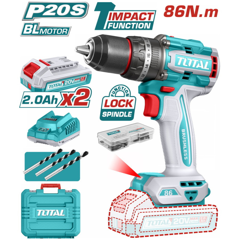 TOTAL ΕΠΑΓΓ. ΔΡΑΠ/ΒΙΔΟ ΚΡΟΥΣΤΙΚΟ ΜΠΑΤ. Li-ion 20V / 2Ah / 86Nm / 2 ΜΠΑΤ BL Motor (TIDLI208687E)