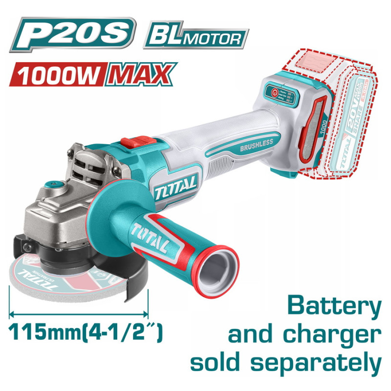 TOTAL ΕΠΑΓΓ. ΓΩΝΙΑΚΟΣ ΤΡΟΧΟΣ ΜΠΑΤ. Li-ion 20V / 115mm ΧΩΡΙΣ ΜΠΑΤΑΡΙΑ & ΦΟΡΤΙΣΤΗ (TAGLI27153E)
