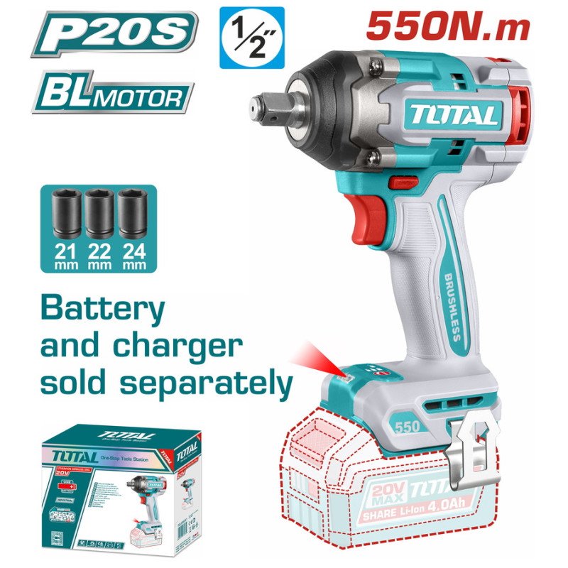 TOTAL ΕΠΑΓΓ. ΜΠΟΥΛΟΝΟΚΛΕΙΔΟ ΜΠΑΤ. Li-ion 20V / 550Nm ΧΩΡΙΣ ΜΠΑΤΑΡΙΑ & ΦΟΡΤΙΣΤΗ BL Motor (TIWLI20551)