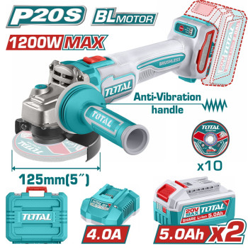 TOTAL ΕΠΑΓΓ. ΣΕΤ ΓΩΝΙΑΚΟΣ ΤΡΟΧΟΣ 125mm ΜΠΑΤ. Li-ion 20V / 5Ah / 2 ΜΠΑΤ BL Motor (TAGLI2120272E)