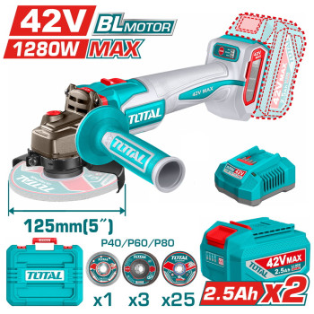 TOTAL ΕΠΑΓΓ. ΣΕΤ ΓΩΝΙΑΚΟΣ ΤΡΟΧΟΣ 125mm ΜΠΑΤ. Li-ion 42V / 2.5Ah / 2 ΜΠΑΤ BL Motor (TAGLI4128122E)