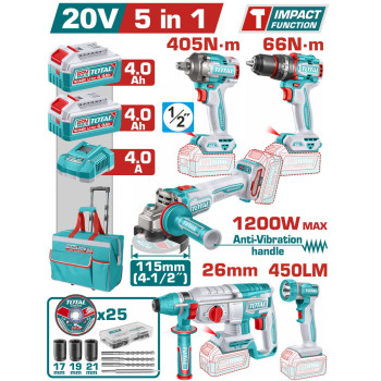 TOTAL ΕΠΑΓΓ. ΣΕΤ 5τεμ ΕΡΓΑΛΕΙΩΝ ΜΠΑΤ. Li-ion 20V / 4Ah / 2 ΜΠΑΤΑΡΙΕΣ (TCKLI20595E)